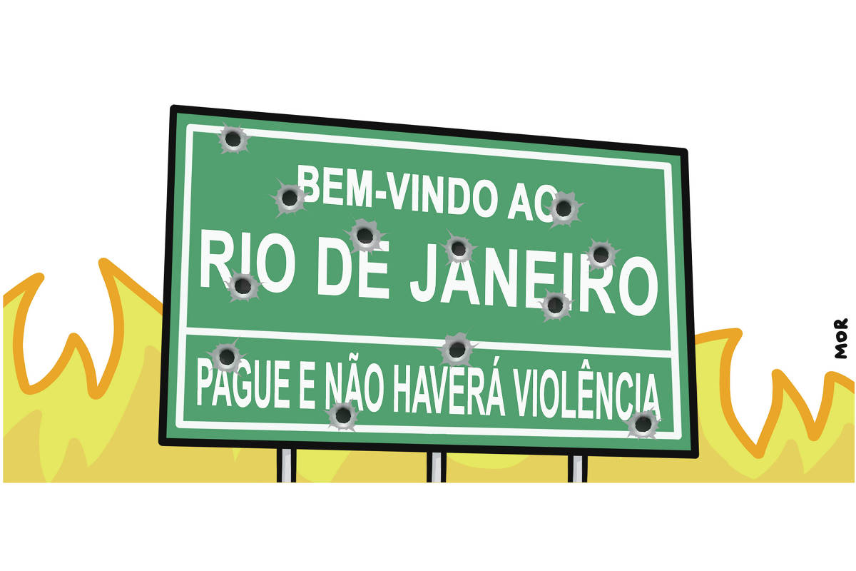Charge mostra uma placa de trânsito com os dizeres: "Bem-Vindo ao Rio de Janeiro Pague e Não Haverá Violência" ao fundo da placa temos chamas.