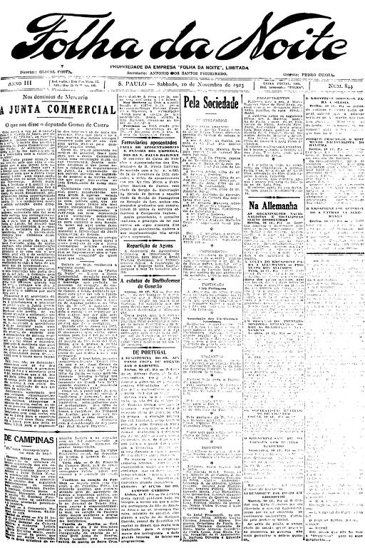 Primeira Página da Folha da Noite de 10 de novembro de 1923