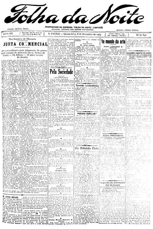 Primeira Página da Folha da Noite de 8 de novembro de 1923