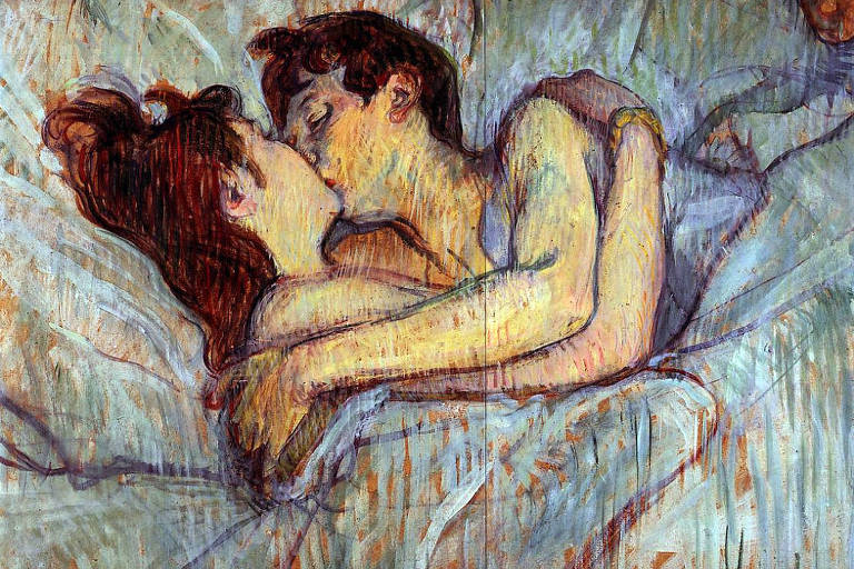 Pintura de Tpulouse Lautrec mostra um casal na cama, se beijando; um lençol cobre os dois até a altura do abdome