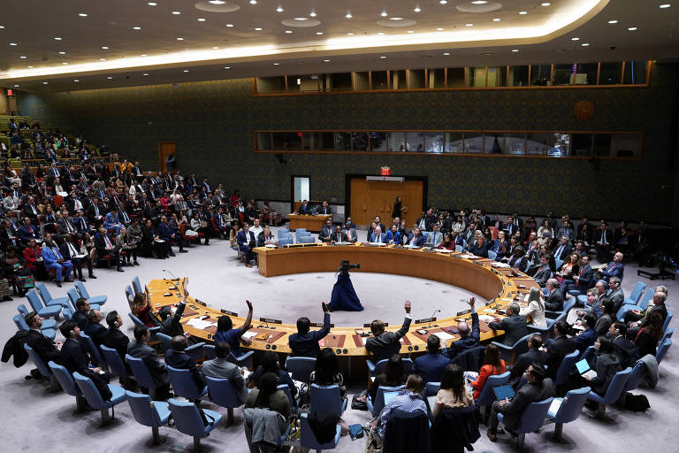 Reunião de membros do Conselho de Segurança da ONU (Organização das Nações Unidas), na sede da organização, em Nova York, nos Estados Unidos