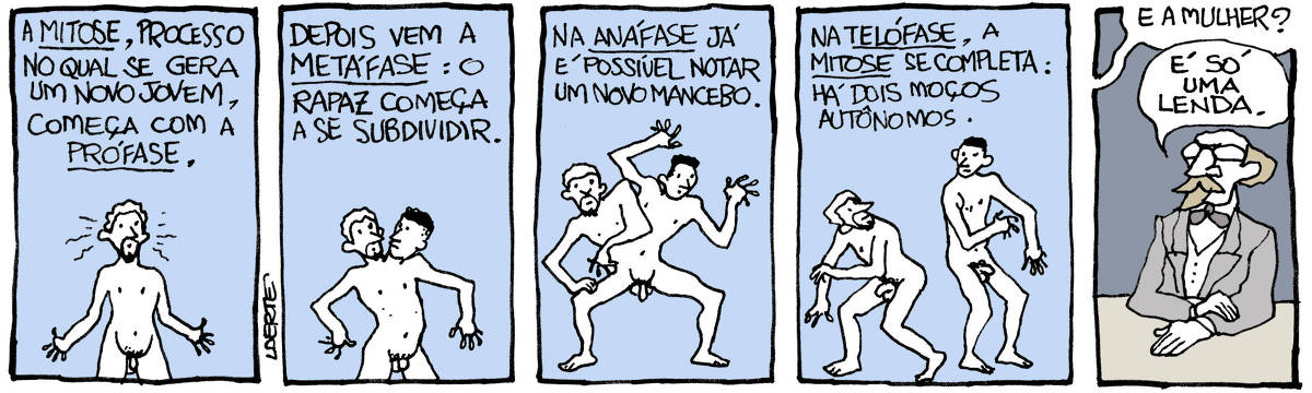 Na tira de Laerte, em 5 quadrinhos: QUADRINHO 1 - um homem, jovem, com um pouco de barba no rosto, está nu, de pé, parecendo passar por um processo interno. Um texto diz: “A MITOSE, processo no qual se gera um novo jovem, começa com a PRÓFASE”. QUADRINHO 2 - o jovem nu agora tem uma segunda cabeça, diferente, ao lado da anterior, entre os ombros. As 2 cabeças se olham, com espanto. O texto diz: “Depois vem a METÁFASE: o rapaz começa a se subdividir”. QUADRINHO 3 - o jovem nu agora tem um segundo corpo, com dois braços também, sobre os quadris - são as mesmas duas pernas ainda. O texto diz: “Na ANÁFASE já é possível notar um novo mancebo”. QUADRINHO 4 - agora são dois jovens, nus, se olhando e sorrindo com tranquilidade. O texto diz: “Na TELÓFASE, a MITOSE se completa: há dois moços autônomos”. QUADRINHO 5 - atrás de uma mesa, em pose professoral, um homem de casaca e gravata borboleta, com óculos, bigode e cavanhaque. Uma voz fora de cena pergunta: “E a mulher?”; o homem responde, com severidade: “E só uma lenda”.