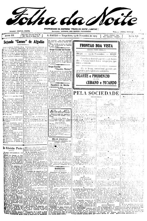 Primeira Página da Folha da Noite de 13 de novembro de 1923