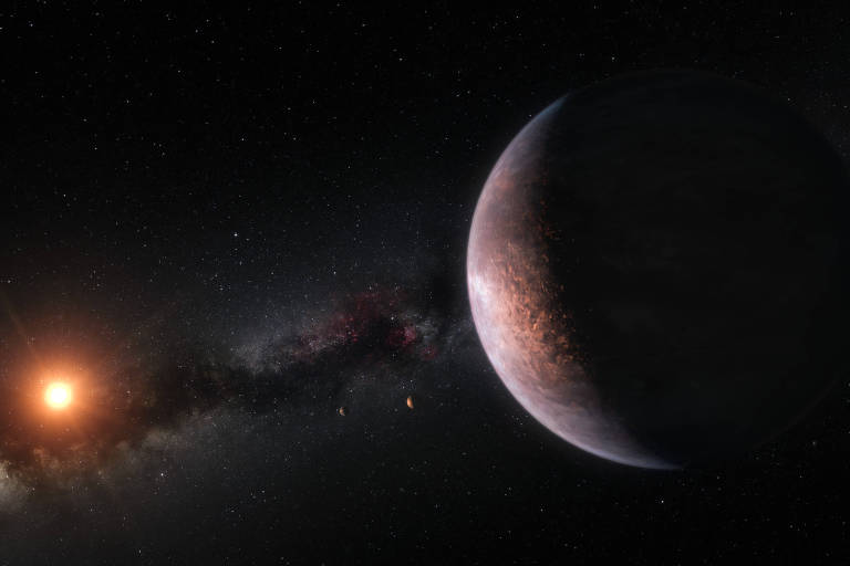 Concepção artística do sistema Trappist-1, composto por sete planetas em torno de uma estrela anã vermelha