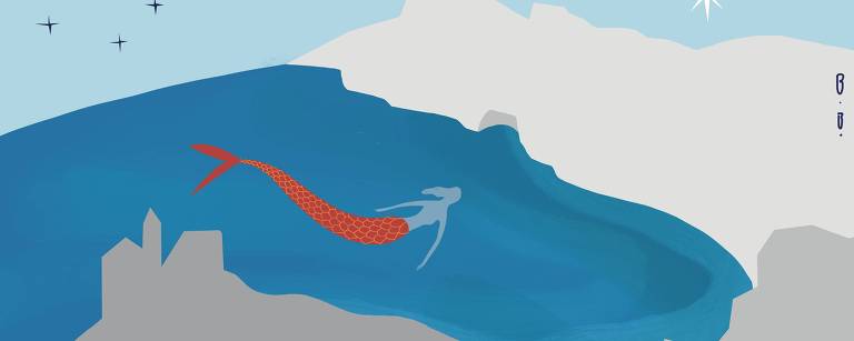 Ao centro da imagem uma sereia de cauda vermelha mergulha em um mar azul circundado por montanhas em tons de cinza claro. No canto inferior esquerdo as formas em cima da montanha sugerem um castelo.