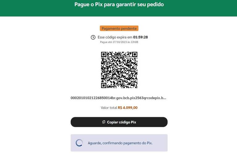 Tela de compra online com Pix. Pessoas podem optar entre código QR ou copiar código dinâmico. Tela mostra um QR Code e a opção de copiar o código