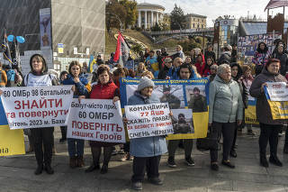 Demonstrators gathered in Independence Square in UkraineÕs capital, Kyiv, to bring attention to soldiers who are missing in action, on Oct. 16, 2023. (Brendan Hoffman/The New York Times)