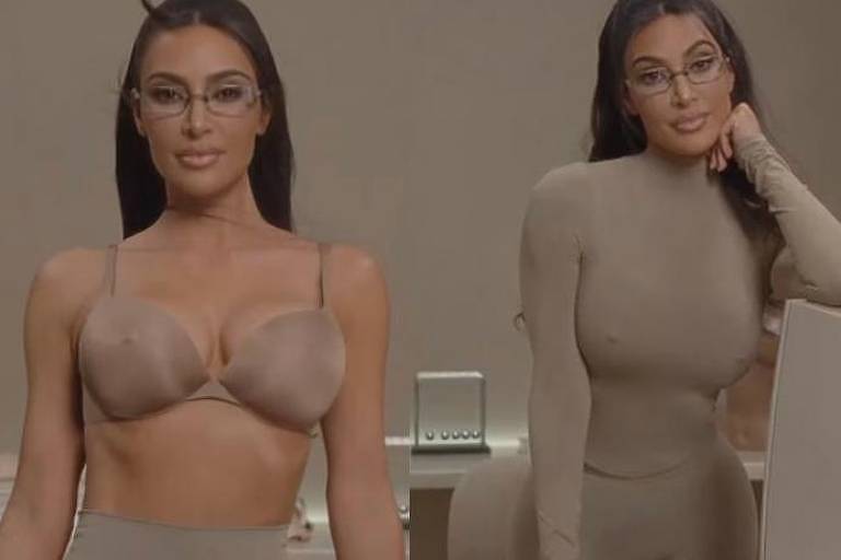 Kim Kardashian aparece usando lingerie cor da pele com mamilos embutidos