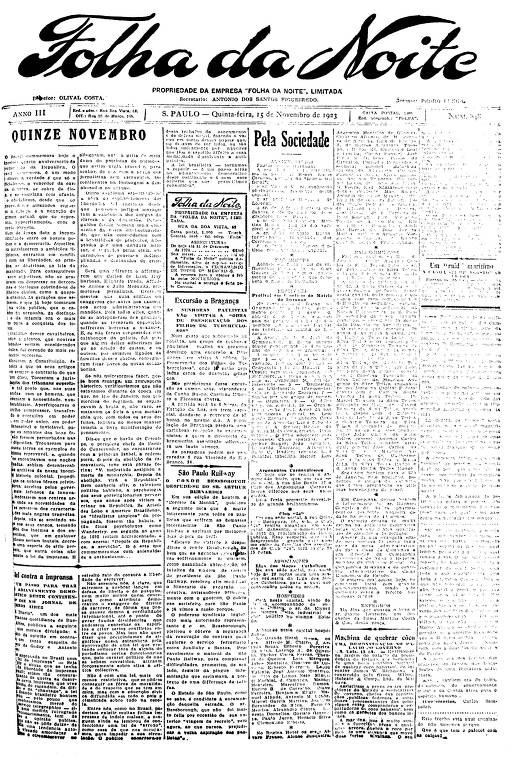 Primeira Página da Folha da Noite de 15 de novembro de 1923