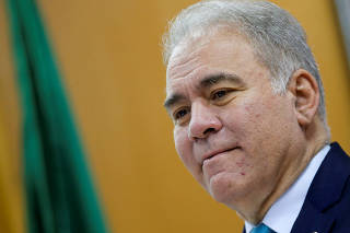 Brazilian Health Minister Marcelo Queiroga looks on during a news conference in Brasilia