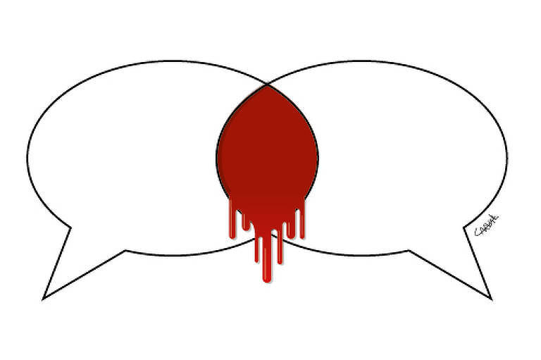 Dois balões de fala vazios se misturam, da intersecção de ambos, escorre, uma grande mancha de sangue. O fundo é branco.