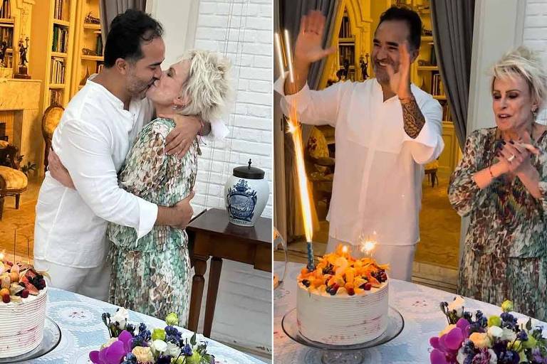 Ana Maria Braga comemora aniversário do namorado Fábio Arruda com beijão