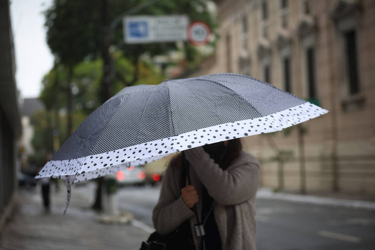 Pessoas se protegem do frio e da chuva na região da avenida Paulista, no centro de São Paulo, em setembro de 2023