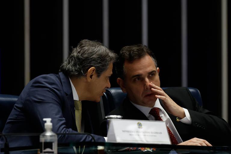 O ministro da Fazenda, Fernando Haddad, conversa com o presidente do Senado, Rodrigo Pacheco, no plenário do Senado, em Brasília
