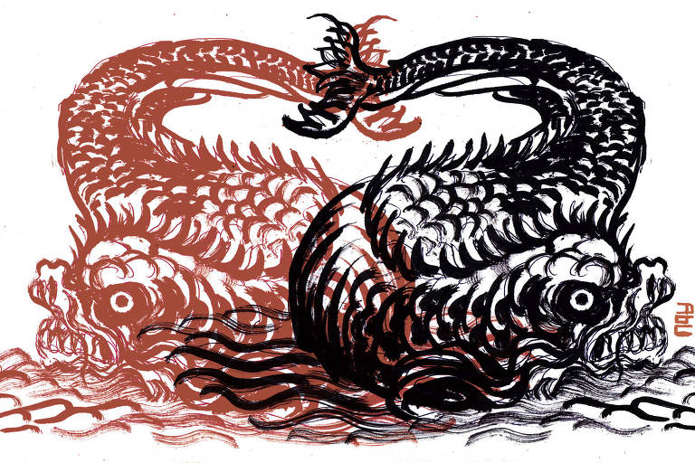 Imagem baseada em iluminura medieval representando o monstro marinho bíblico chamado de Leviatã. Na composição a imagem do monstro em vermelho está voltada para o lado esquerdo, e uma cópia em preto está voltada para o lado direito, com suas caudas sobrepostas.