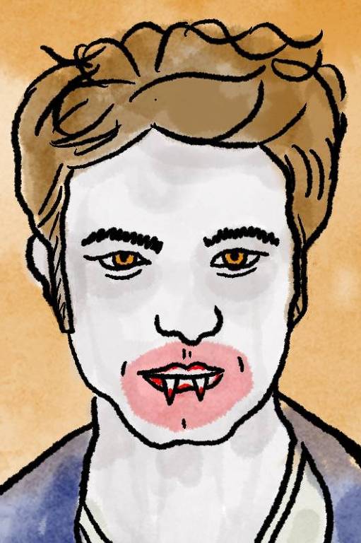 Desenho estilizado do ator Robert Pattinson como a personagem de Crespúsculo com dentes de vampiro e boca suja de sangue.