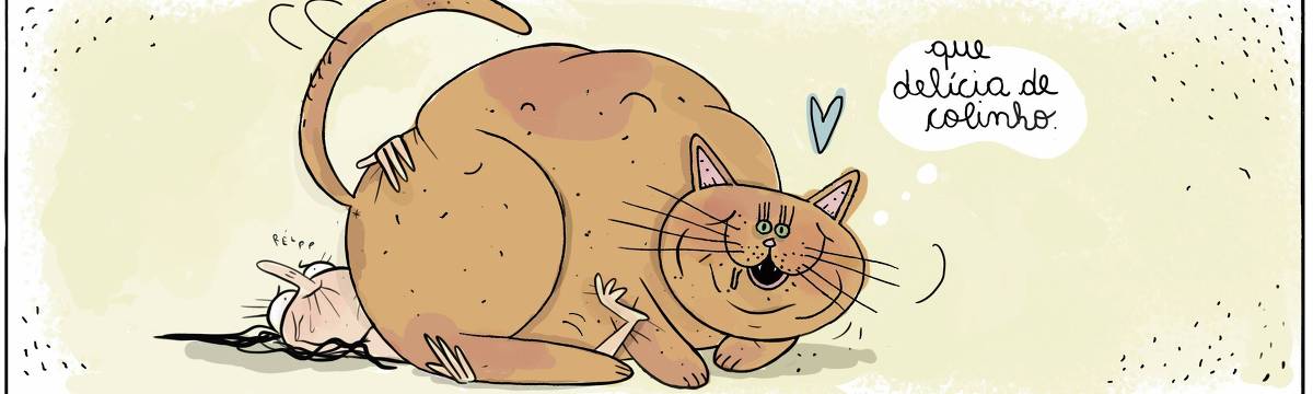 A tira Viver Dói, de Fabiane Langona, publicada em 01/11/2023 mostra uma moça esmagada por um gato gigante. Vemos em destaque o roliço corpo do felino e logo abaixo, apenas parte do rosto, mãos e pés da moça. Ela agoniza. O personagem gato diz: "Que delícia de colinho".