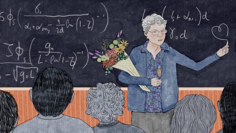 Arte ilustra a professora Anne LHuillier, uma mulher branca de cabelos grisalhos, segurando um buquê de flores em frente a um quadro negro com equações e falando para uma turma