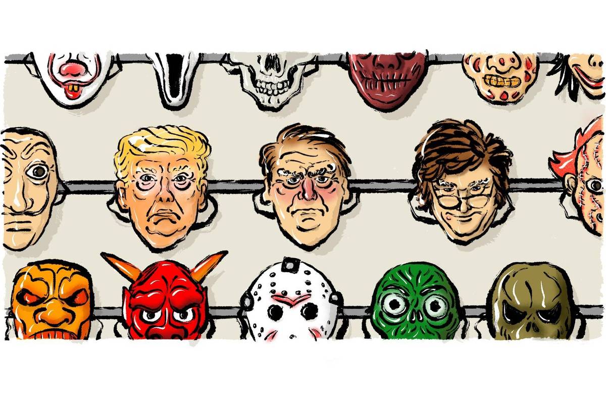 A charge apresenta várias máscaras de halloween de varios monstros. Dentre elas a de Donald Trump, Jair Bolsonaro e Javier Milei.