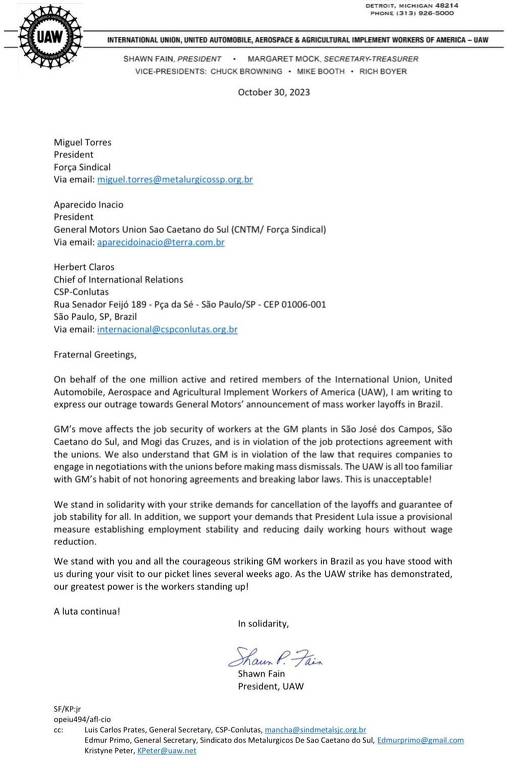 Carta enviada pela UAW aos trabalhadores da GM