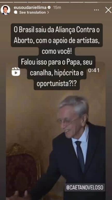 Postagem feita por Daniel Sousa Lima xingando Caetano Veloso