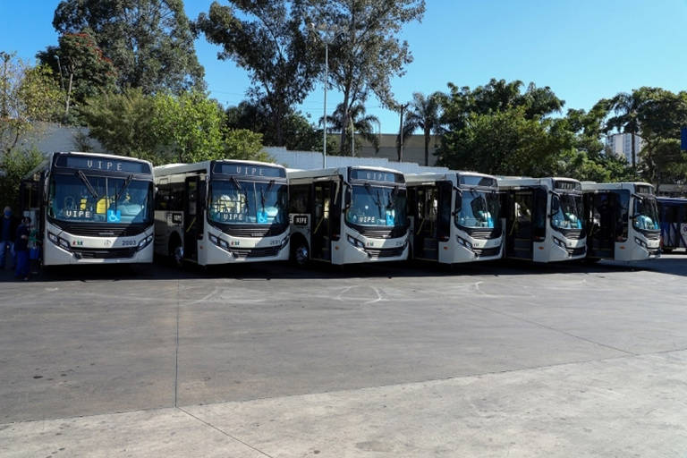 Ônibus de São Caetano do Sul parados lado a lado na garagem