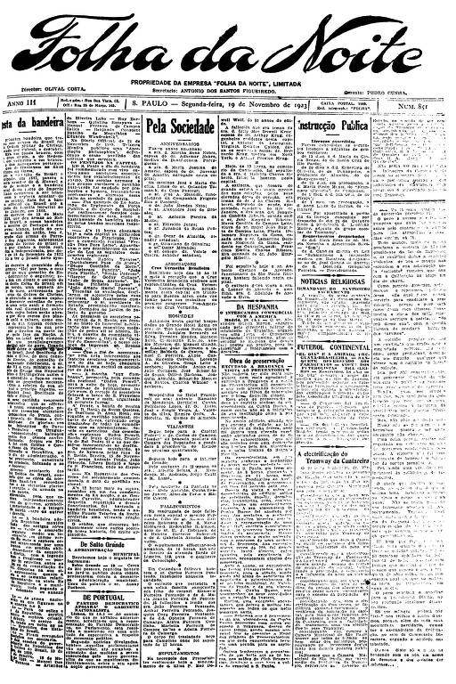 Primeira Página da Folha da Noite de 19 de novembro de 1923