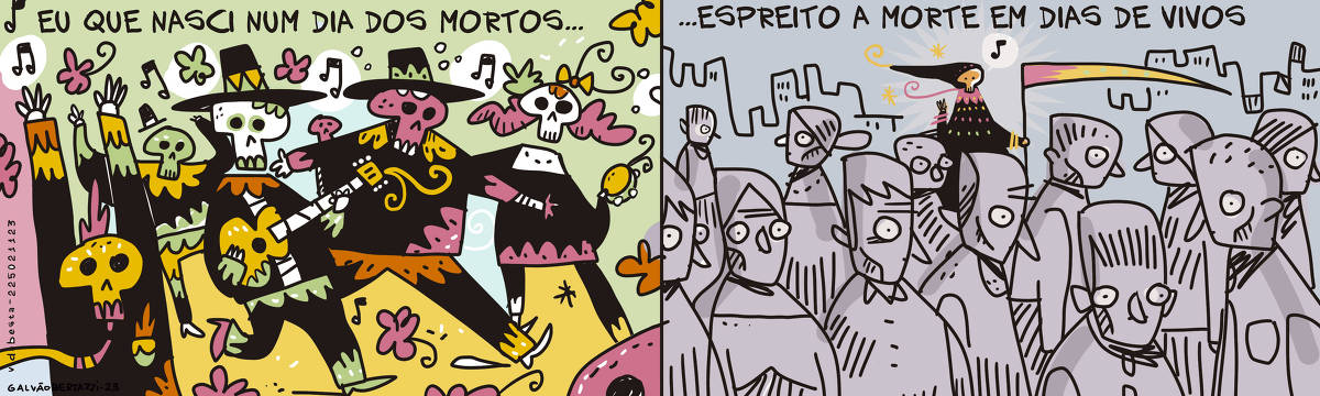 A tira de Galvão Bertazzi se chama Vida Besta e está dividida em dois quadros. No primeiro quadro temos a legenda: Eu que nasci num dia dos mortos... Temos uma grande festa mexicana do dia dos mortos. Pessoas vestidas de caveira tocam violão, cantam e dançam num ambiente festivo e muito colorido. No segundo quadro temos a legenda: espreito a morte em dia de vivos Temos um mundo sem cor e sem vida, com muitas pessoas andando pra todos os lados sem sentido e apáticas. No fundo, a dona morte, vestida de preto com adereços coloridos na roupa e na foice está acenando.