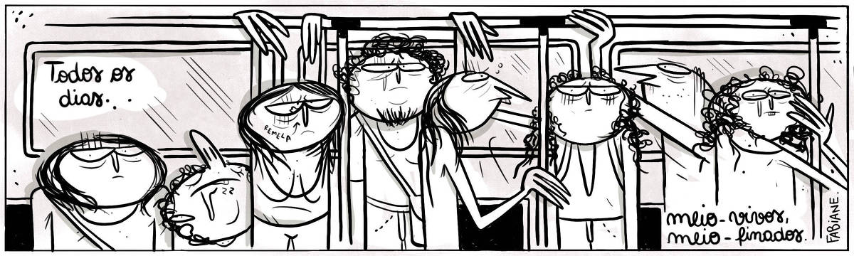 A tira Viver Dói, de Fabiane Langona, publicada em 02/11/2023 mostra um vagão de metrô lotado. Todos estão com caras exaustas, combalidas. Há uma pessoa dormindo com a cabeça no ombro de outra, uma moça remelenta, um rapaz em pé, entre outros. No final do quadro, vemos uma moça de costas, chorosa, que encara o leitor enquanto abraça o balaústre vertical de alumínio usado para não cair durante os solavancos no transporte.    No quadrinho 1, uma legenda narrativa diz: "Todos os dias... meio-vivos, meio-finados. 