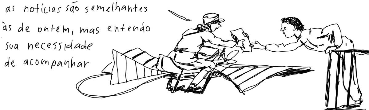 A tirinha em preto e branco de Estela May, publicada em 03/11/23, traz uma pessoa pegando o jornal pela janela, que é trazido por uma pessoa numa máquina voadora. A que entrega o jornal diz “as notícias são semelhantes às de ontem, mas entendo sua necessidade de acompanhar”