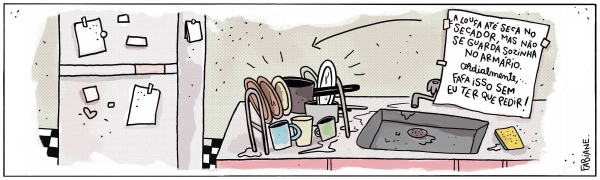 A tira Viver Dói, de Fabiane Langona publicada em 03/11/2023, mostra uma cozinha. O chão é quadriculado em preto e branco. Ao lado esquerdo, vemos uma geladeira com alguns papéis pendurados e imãs. Ao centro, há uma pia, e sobre ela, um escorredor cheio de louça lavada acumulada. Na parede, há um bilhete com um recado. No quadrinho 1, lê-se a mensagem do bilhete: "A louça até seca sozinha no secador, mas não se guarda sozinha no armário. Cordialmente... FAÇA ISSO SEM EU TER QUE PEDIR".