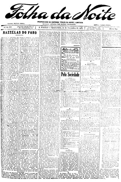 Primeira Página da Folha da Noite de 21 de novembro de 1923
