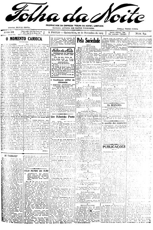 Primeira Página da Folha da Noite de 22 de novembro de 1923