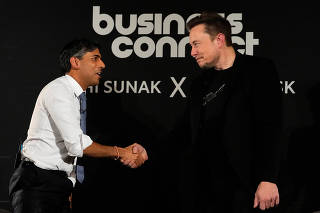 British Prime Minister Rishi Sunak attends an in-conversation event with Tesla and SpaceX's CEO Elon Musk in London