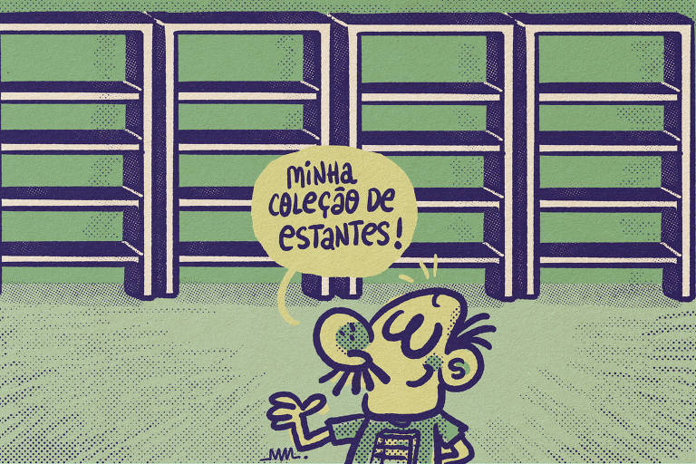 No cartum de Marcelo Martinez, um personagem exibe um cômodo cheio de estantes vazias. Ele diz: "Minha coleção de estantes!