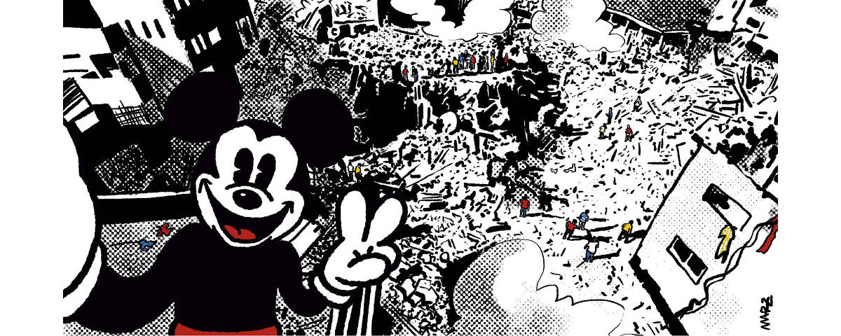 A charge de Marília Marz mostra Mickey Mouse fazendo uma selfie no meio dos destroços de um campo de refugiados na faixa de Gaza.