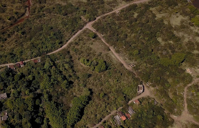 O distrito de Bento Rodrigues 8 anos após o rompimento da barragem de fundão. Esqueletos de casas ainda são vistos em meio a vegetação que cobre tudo.