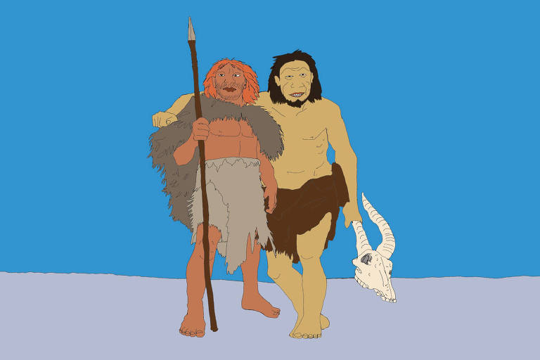 A ilustração de Annette Schwartsman, publicada na Folha de São Paulo no dia 5 de novembro de 2023, mostra dois homens de Neandertal, usando peles e segurando lanças de pedra lascada e ossos de animais, que estão amistosamente abraçados