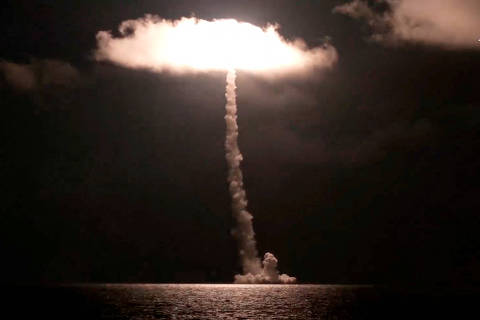 Russia's new nuclear-powered submarine Imperator Alexander III test launches the Bulava ballistic missile, designed to carry nuclear warheads, from the White Sea, in this image taken from video released November 5, 2023. Russian Defence Ministry/Handout via REUTERS ATTENTION EDITORS - THIS IMAGE WAS PROVIDED BY A THIRD PARTY. NO RESALES. NO ARCHIVES. MANDATORY CREDIT. WATERMARK FROM SOURCE. ORG XMIT: SZH101