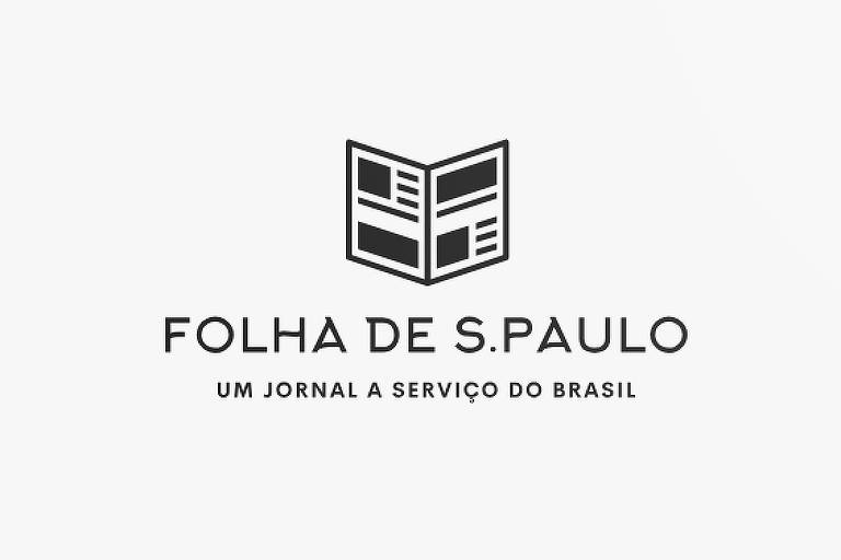 Símbolo de jornal impresso sobre nome Folha de S.Paulo. Abaixo está o slogan do veículo: Um jornal a serviço do Brasil