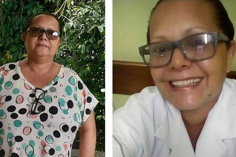 Duas fotos de Katia Silene: uma imagem atual e outra com jaleco, de quando atuava como enfermeira
