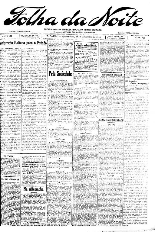 Primeira Página da Folha da Noite de 28 de novembro de 1923