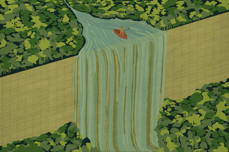 Arte ilustra uma cachoeira; um barquinho se aproxima da queda