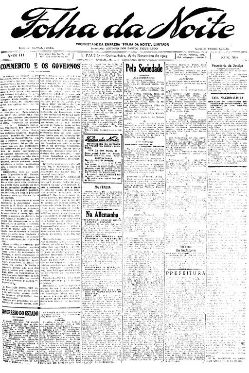Primeira Página da Folha da Noite de 29 de novembro de 1923