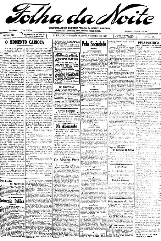 Primeira Página da Folha da Noite de 30 de novembro de 1923