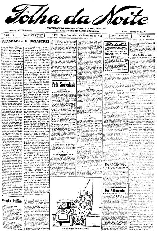 Primeira Página da Folha da Noite de 1º de dezembro de 1923