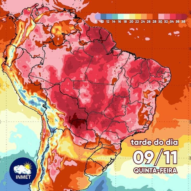 Previsão do Inmet mostra a onda de calor sobre os estados de Mato Grosso e Mato Grosso do Sul, mas com grande parte do país com temperaturas acima da média