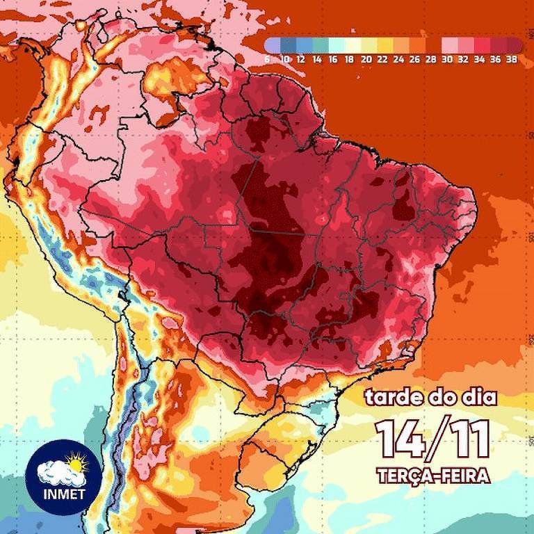 Cinco dias depois, a projeção do Inmet mostra que a onda de calor deve atingir grande parte do país, deixando apenas a região Sul fora
