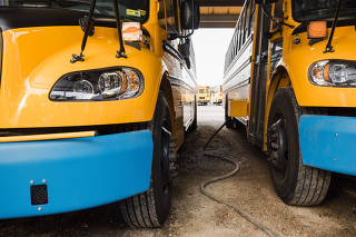 Electric school buses in South Burlington, Vt., Sept. 11, 2023. (Oliver Parini/The New York Times)