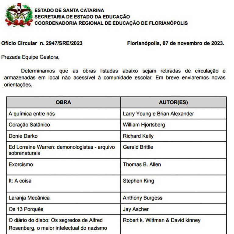 Imagem do ofício da Secretaria da Educação de Santa Catarina determinando que não estejam acessíveis aos alunos livros de Stephen King e 'Laranja Mecânica', entre outras obras